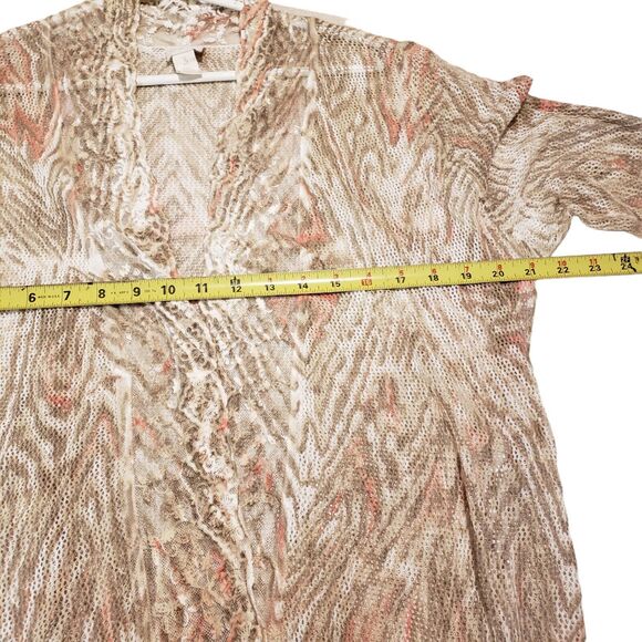 CHICO’S Beige Peach Net Lace Open Front 3/4 Sleeve Cardigan Women Size 3 Linen - Picture 6 of 10